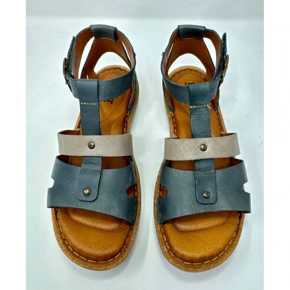 Born Tropi Sandals Womens Size 8 38-39 Leather Gladiator Blue Taupe Ankle Strap